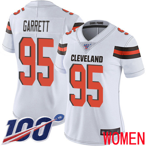 Cleveland Browns Myles Garrett Women White Limited Jersey #95 NFL Football Road 100th Season Vapor Untouchable